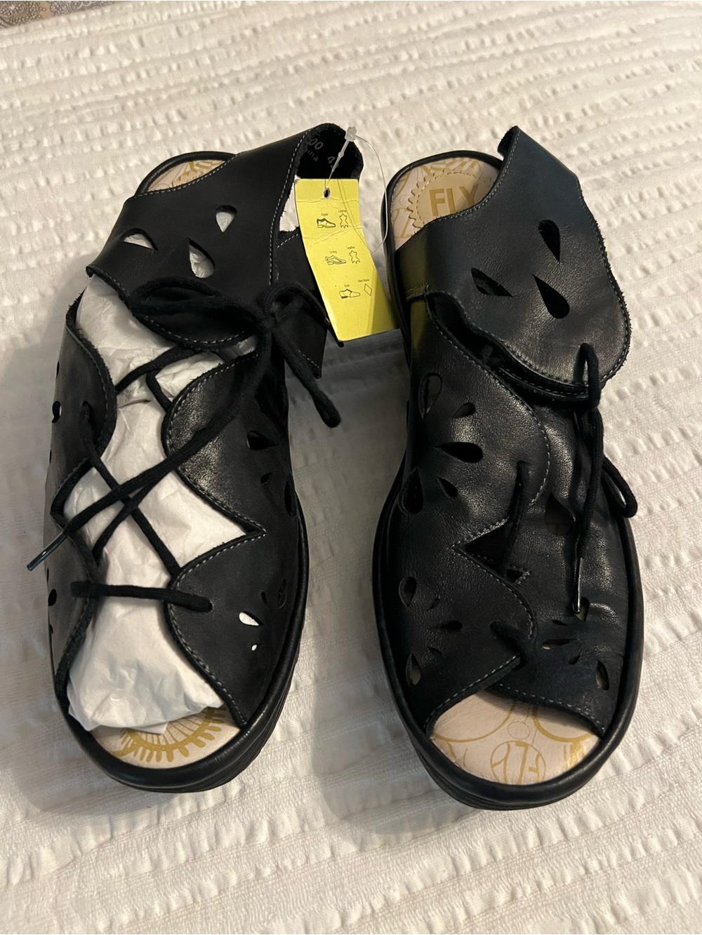 Fly London Black Cutout Leather Lace-Up Platform Sandals